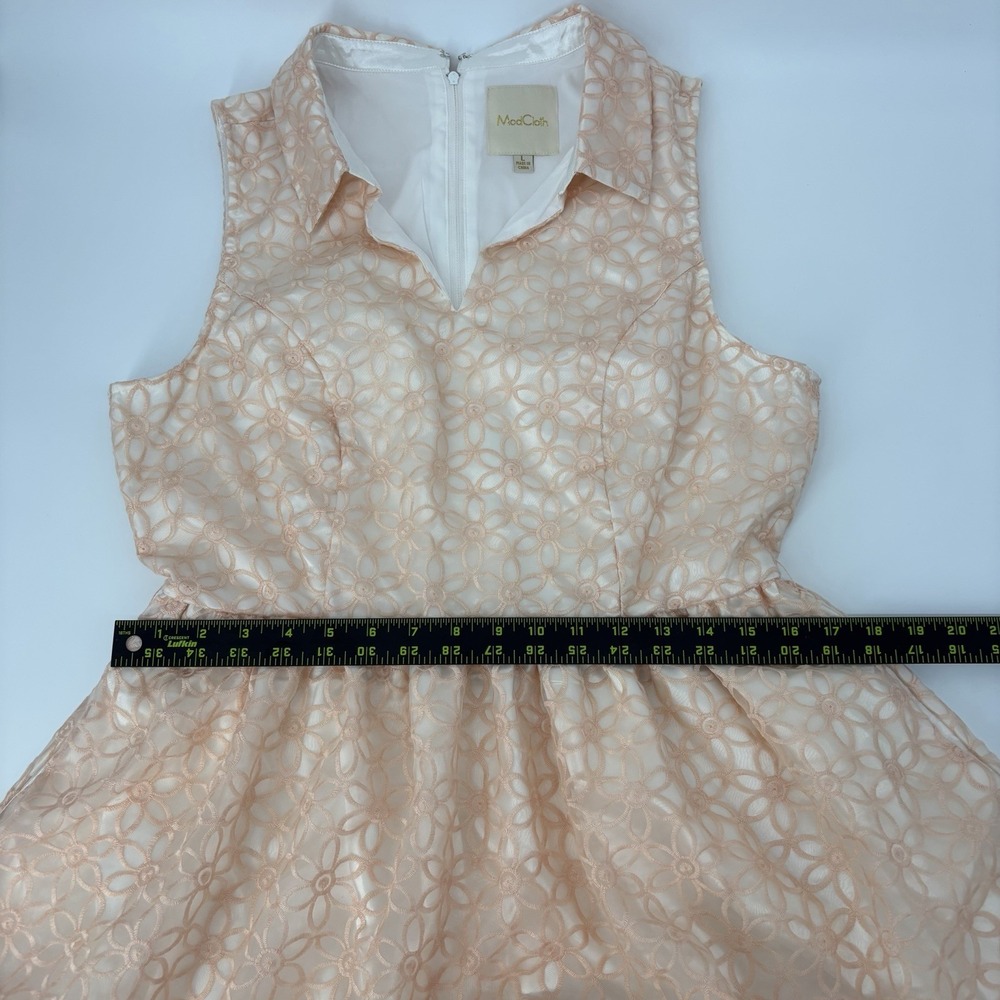 Modcloth Peach Cream Floral Embroidered Satin Mini Dress Fit Flare Size Large - Picture 7 of 8